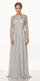 Juliet 634 Quarter Sleeve Formal Dress with Lace Applique Bodice Silver