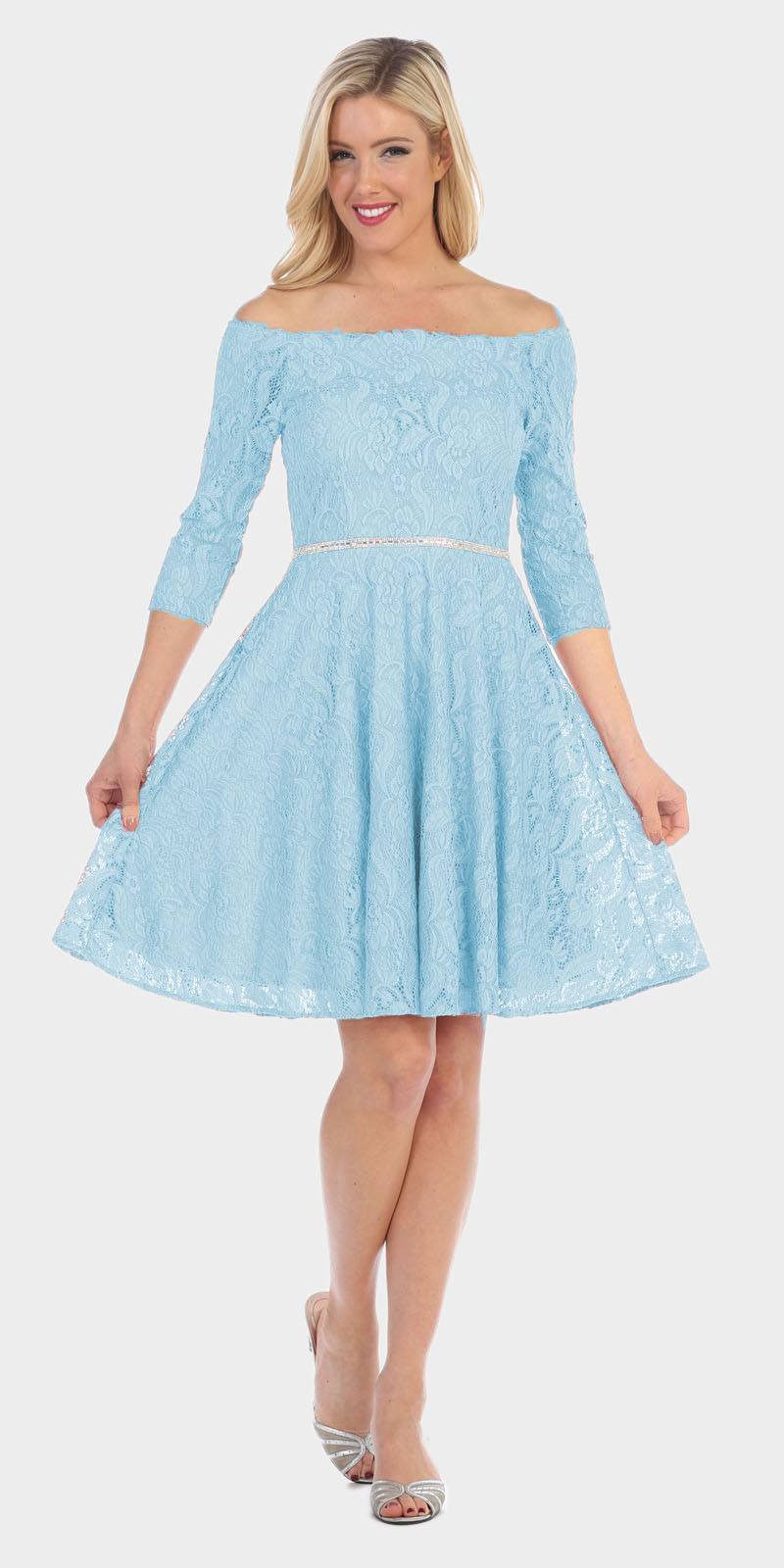 Celavie 6343 Off-the-Shoulder Short Lace Homecoming Dress Baby Blue