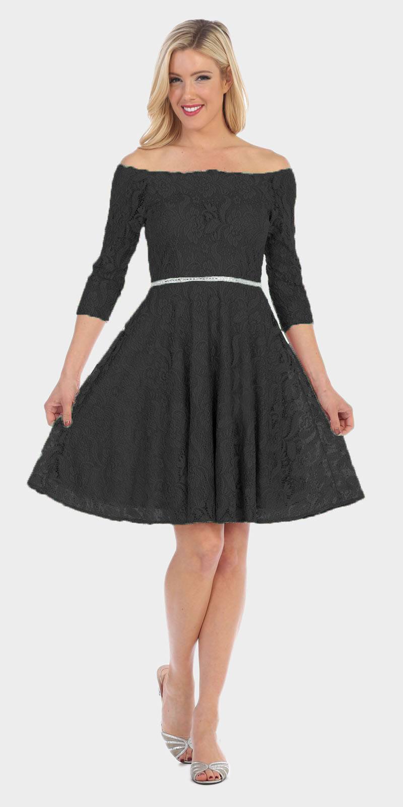 Celavie 6343 Off-the-Shoulder Short Lace Homecoming Dress Black