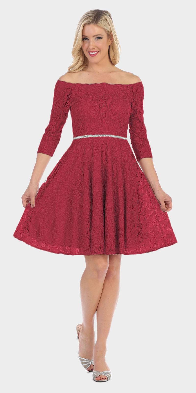 Celavie 6343 Off-the-Shoulder Short Lace Homecoming Dress Burgundy