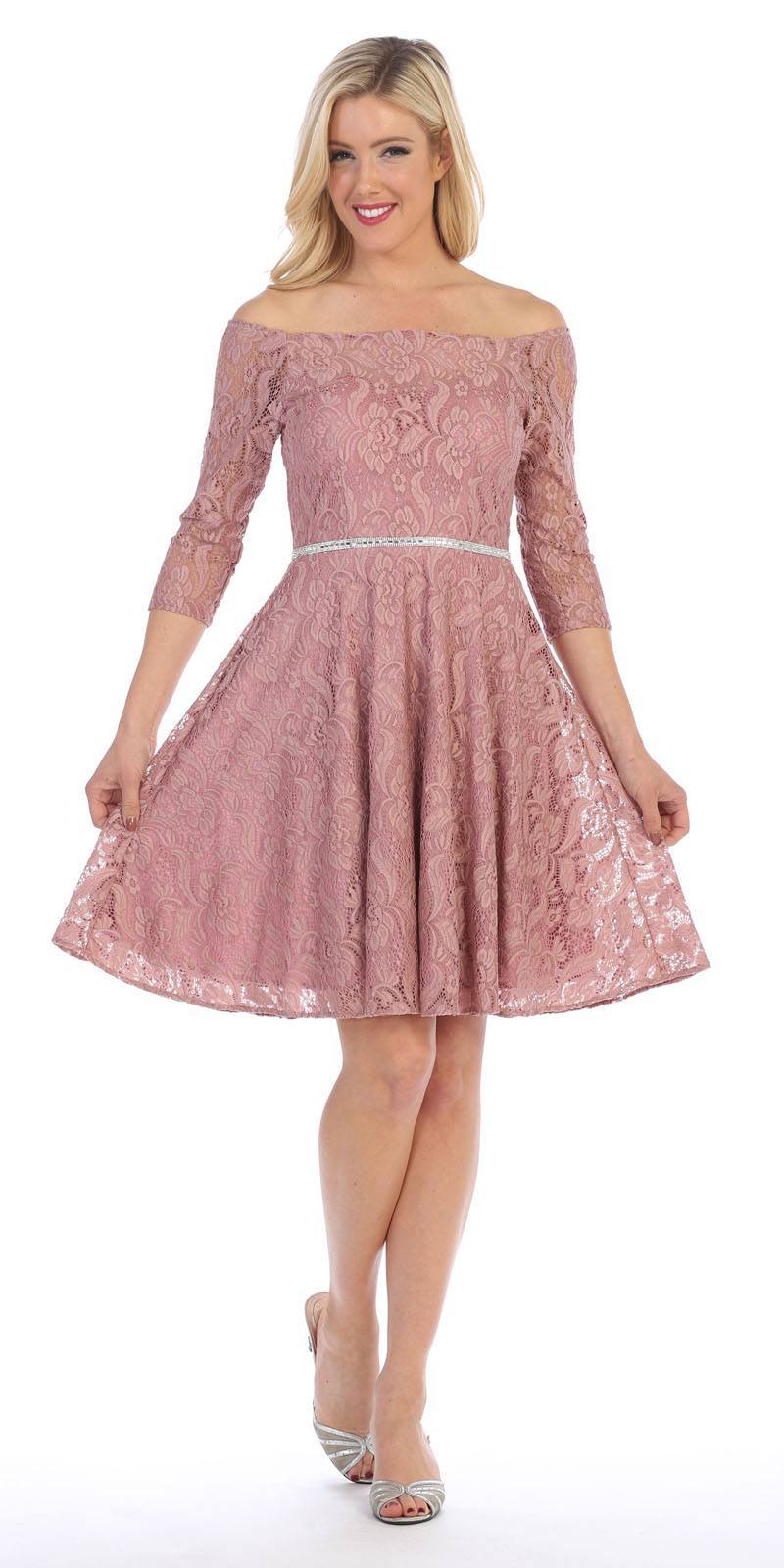 Celavie 6343 Off-the-Shoulder Short Lace Homecoming Dress Mauve