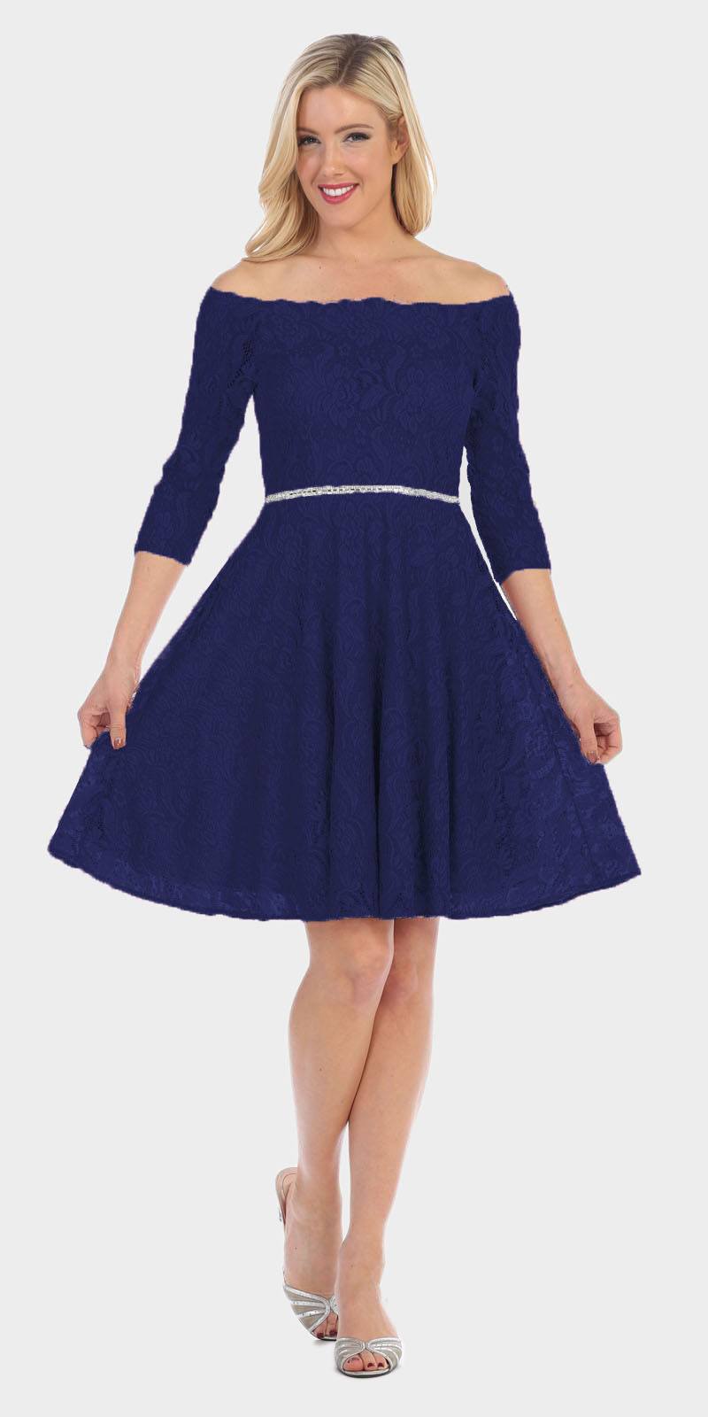 Celavie 6343 Off-the-Shoulder Short Lace Homecoming Dress Navy Blue