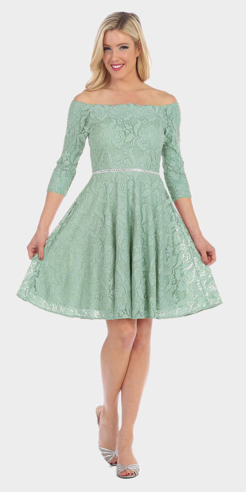 Celavie 6343 Off-the-Shoulder Short Lace Homecoming Dress Sage