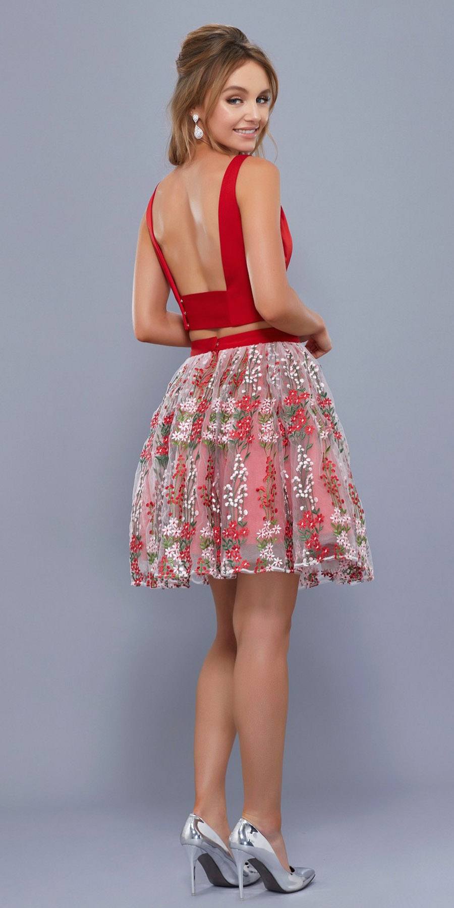 Red Embroidered Skirt Two-Piece Homecoming Dress Cut Out Back