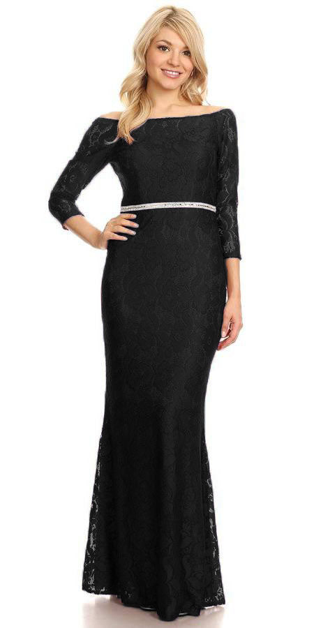Celavie 6343L Off-Shoulder Long Sleeved Lace Formal Dress Black