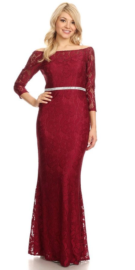 Celavie 6343L Off-Shoulder Long Sleeved Lace Formal Dress Burgundy