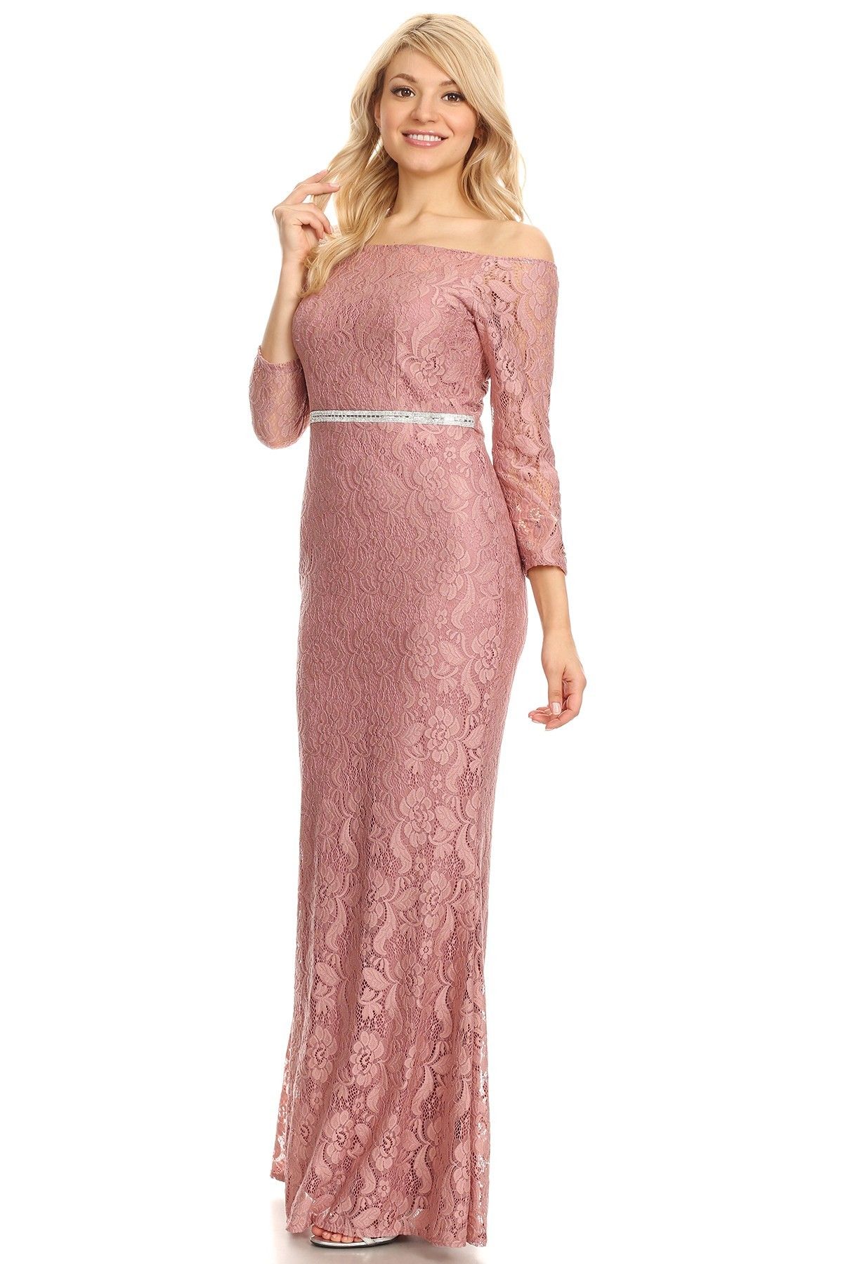 Celavie 6343L Off-Shoulder Long Sleeved Lace Formal Dress Mauve