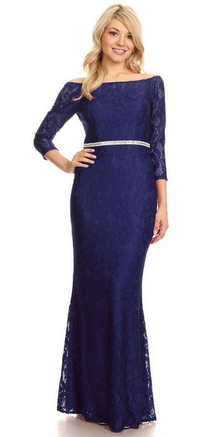 Celavie 6343L Off-Shoulder Long Sleeved Lace Formal Dress Navy Blue