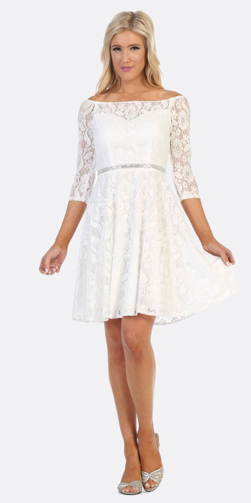 Celavie 6343 Off-the-Shoulder Short Lace Homecoming Dress Off White