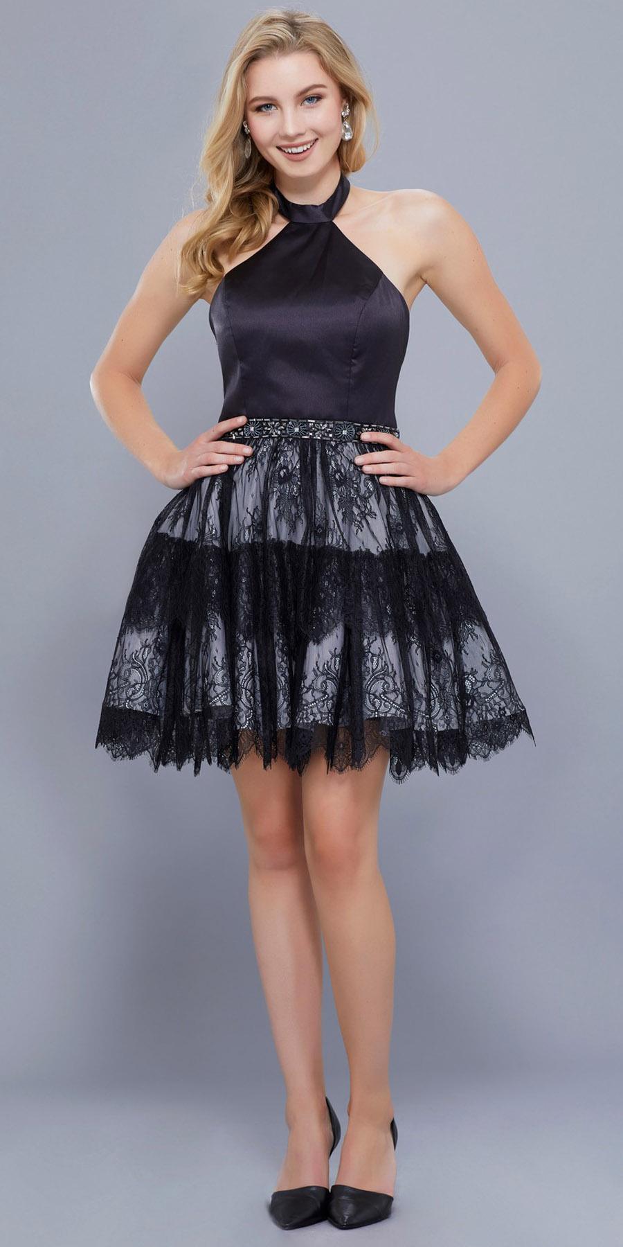 Lace Skirt Short Halter Homecoming Dress Embellished Waist Black-Silver