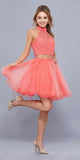 Coral Halter High Neckline Lace Crop Top Two-Piece Short Prom Dress 