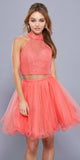 Coral Halter High Neckline Lace Crop Top Two-Piece Short Prom Dress 