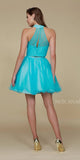 Turquoise Halter High Neckline Lace Crop Top Two-Piece Short Prom Dress Back View