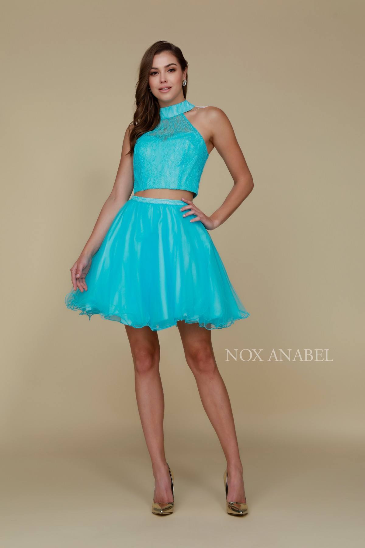 Turquoise Halter High Neckline Lace Crop Top Two-Piece Short Prom Dress