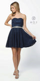Navy Blue Embellished Waist Strapless Lace Homecoming Short Dress
