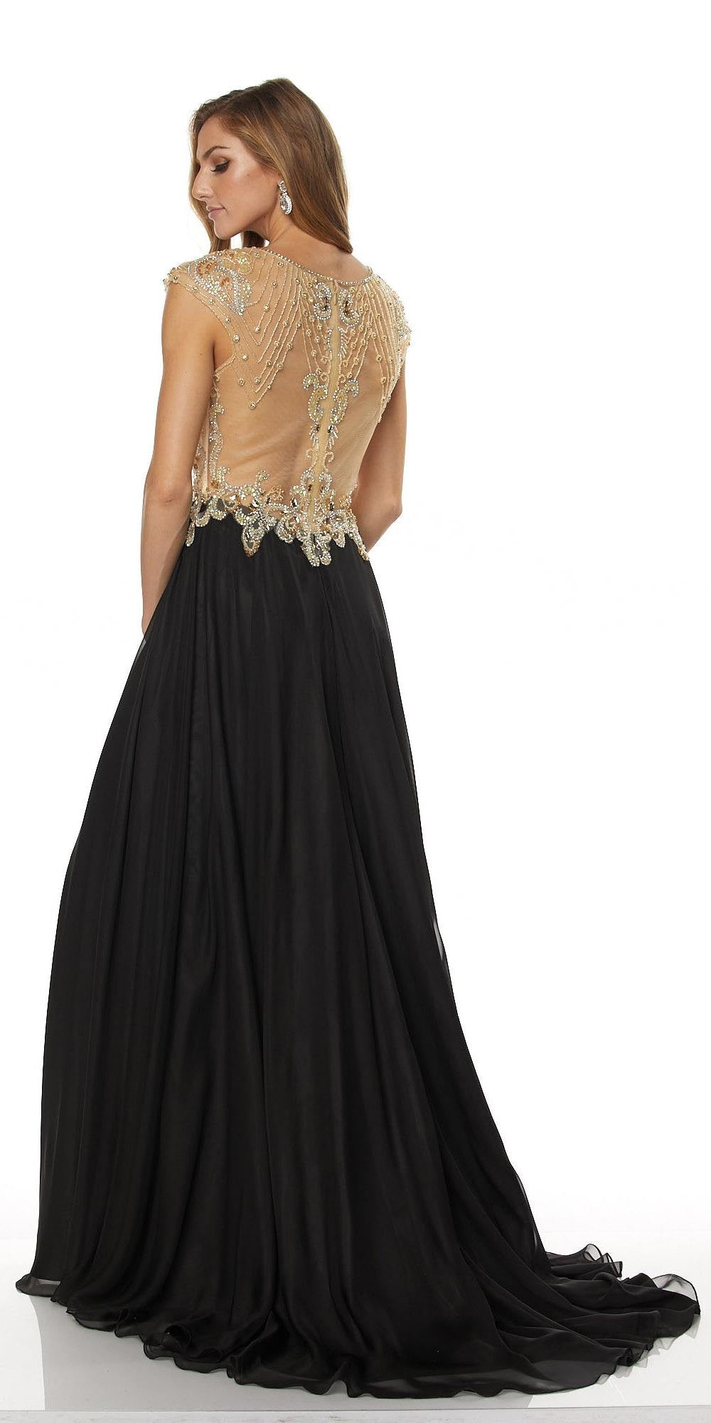 Juliet 636 Black Beaded Bodice Cap Sleeve Prom Gown with Slit and Train