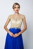 Juliet 636 Royal Blue Beaded Bodice Cap Sleeve Prom Gown with Slit and Train Back View