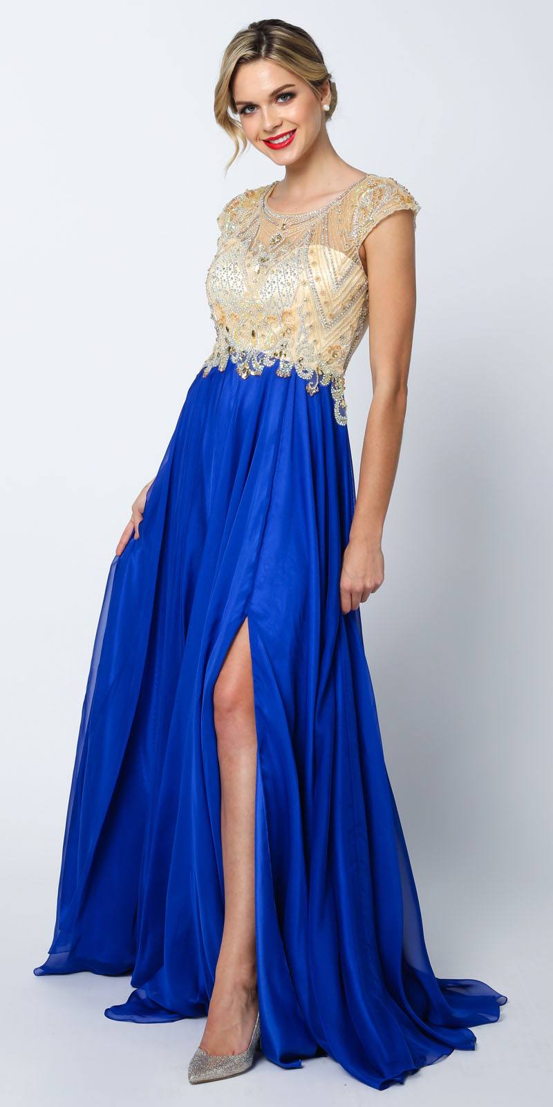 Juliet 636 Royal Blue Beaded Bodice Cap Sleeve Prom Gown with Slit and Train