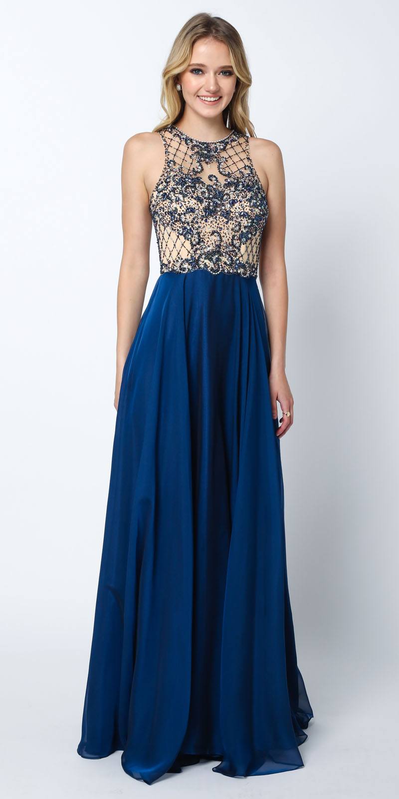 Juliet 637 Sleeveless A-Line Rhinestone Embellished Prom Gown Navy Blue