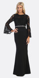 Celavie 6374 Black Beaded Waist Long Formal Dress with Long Bell Sleeves