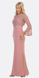 Celavie 6374 Mauve Beaded Waist Long Formal Dress with Long Bell Sleeves