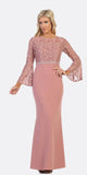Celavie 6374 Mauve Beaded Waist Long Formal Dress with Long Bell Sleeves