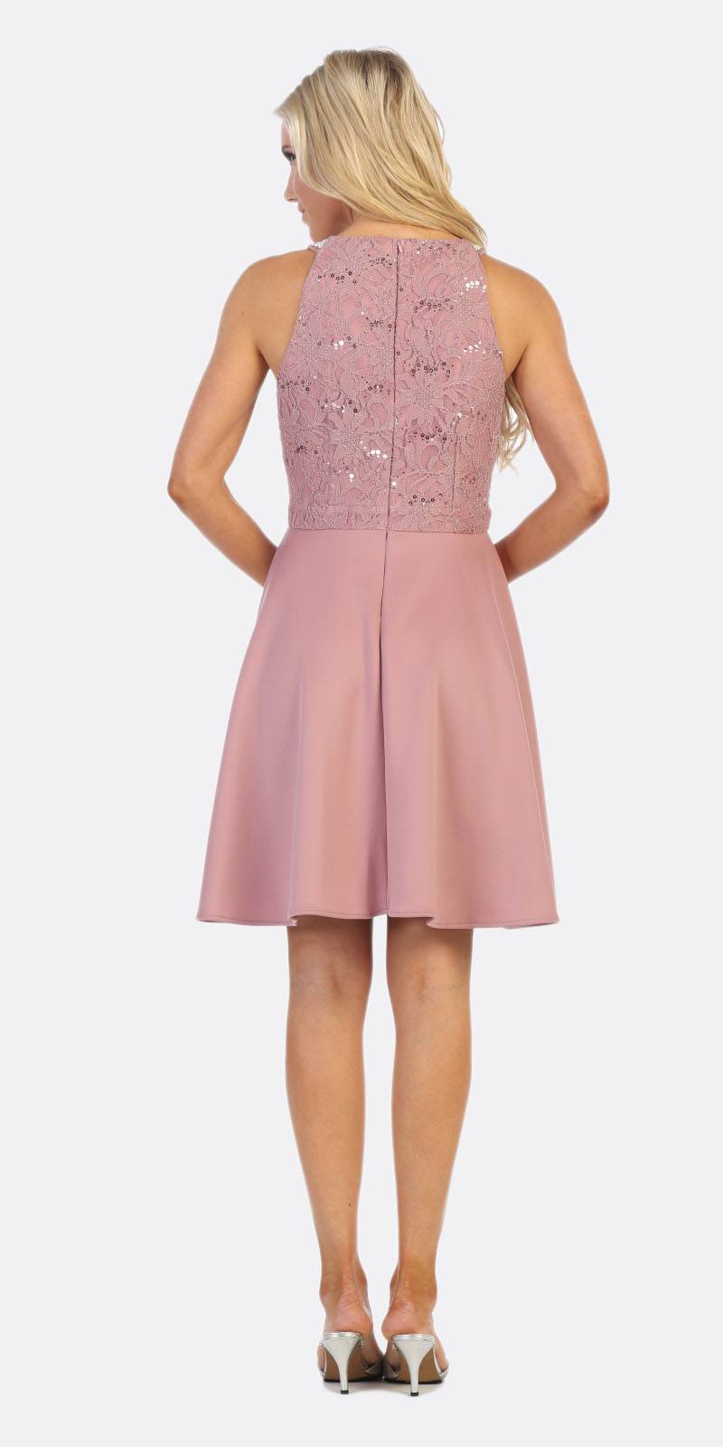 Celavie 6382 Mauve Lace Top Knee-Length Cocktail Dress