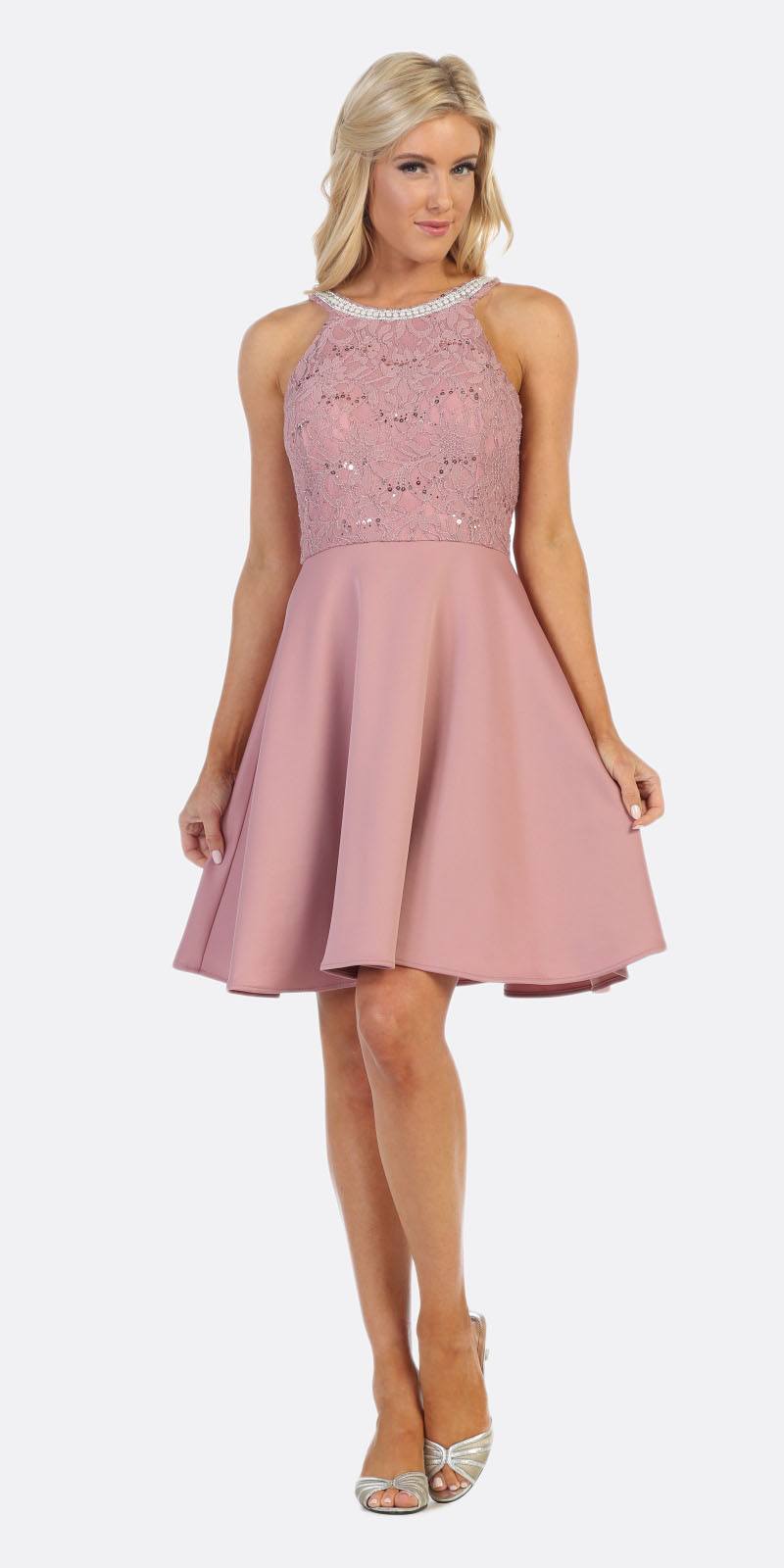 Celavie 6382 Mauve Lace Top Knee-Length Cocktail Dress