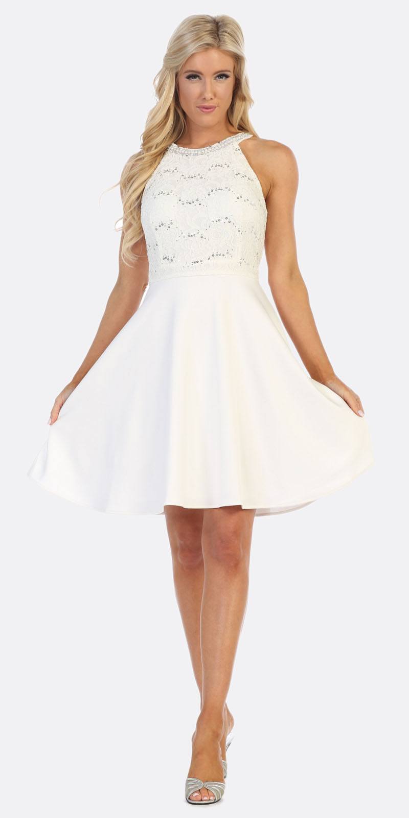 Celavie 6382 Off White Lace Top Knee-Length Cocktail Dress