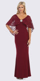 Burgundy Long Formal Dress with Lace Poncho
