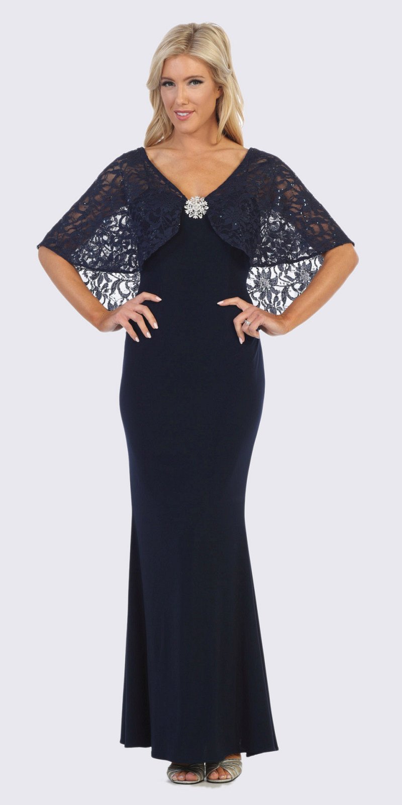 Navy Blue Long Formal Dress with Lace Poncho