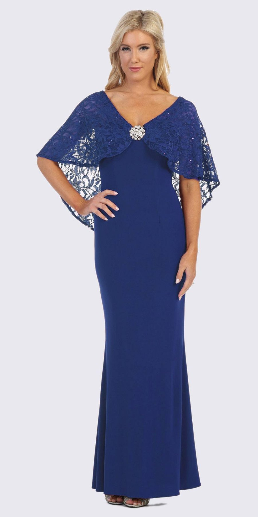 Royal Blue Long Formal Dress with Lace Poncho