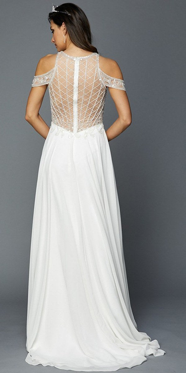 Cold Shoulder Floor Length Evening Gown Embellished Bodice White