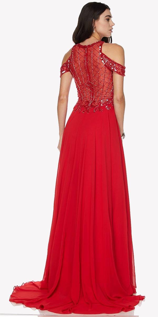 Cold Shoulder Floor Length Evening Gown Embellished Bodice Red