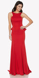 Red Fit and Flare Evening Gown Cut Out Back with Ruffles 