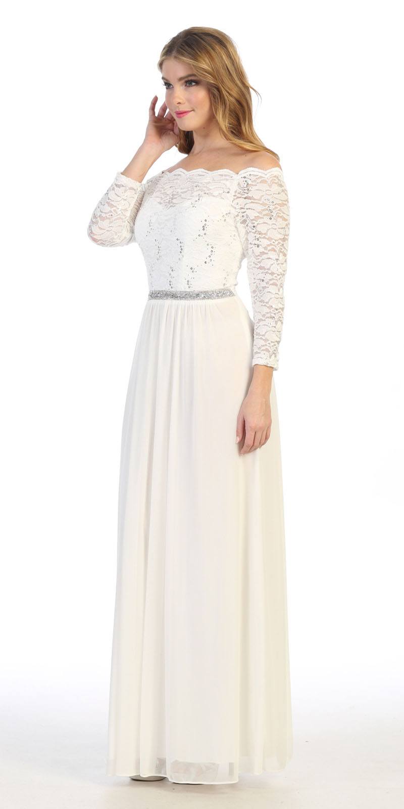 Long Sleeved Off-the-Shoulder Long Formal Dress Off White