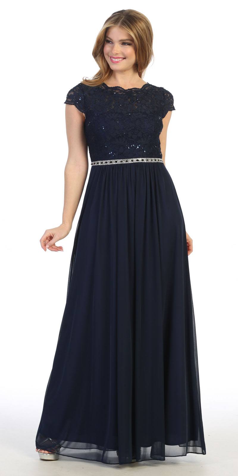Navy Blue A-Line Long Formal Dress with Short Sleeves