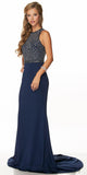 Juliet 649 Long Prom Dress Embellished Bodice Keyhole Back Navy Blue 