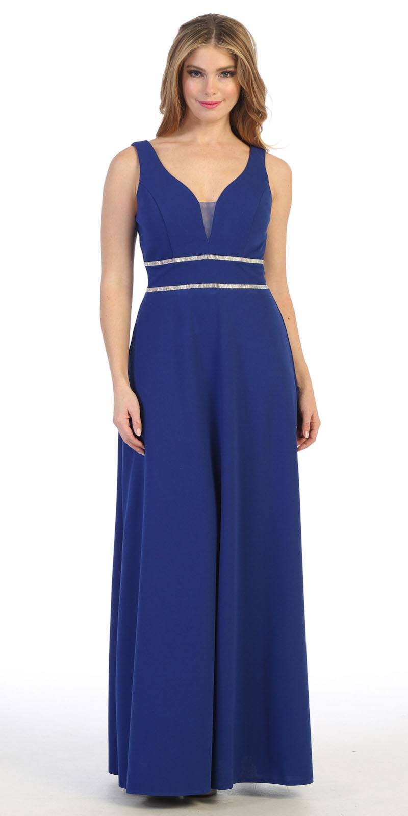Sleeveless V-Neck and Back Long Formal Dress Royal Blue