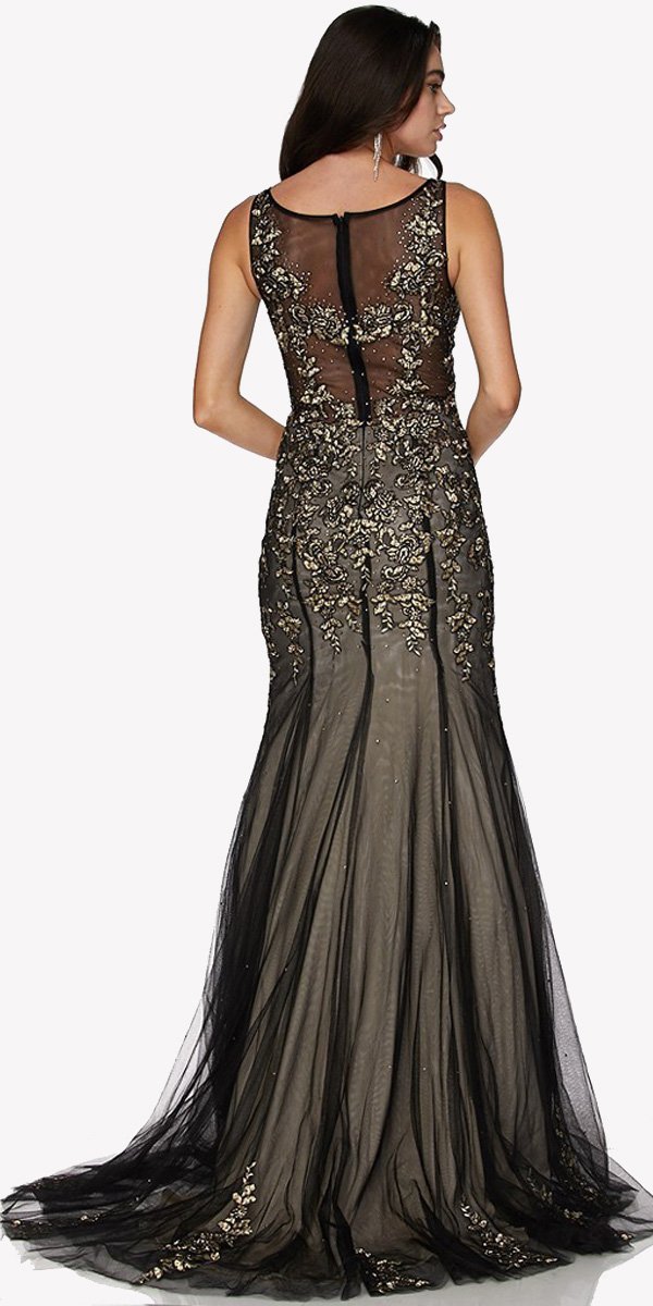 Black Sleeveless Appliqued Mermaid Evening Gown with Godets and Train