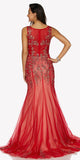 Red Sleeveless Appliqued Mermaid Evening Gown with Godets and Train