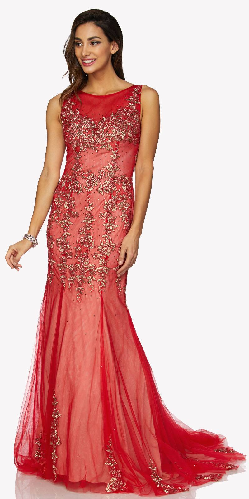 Red Sleeveless Appliqued Mermaid Evening Gown with Godets and Train