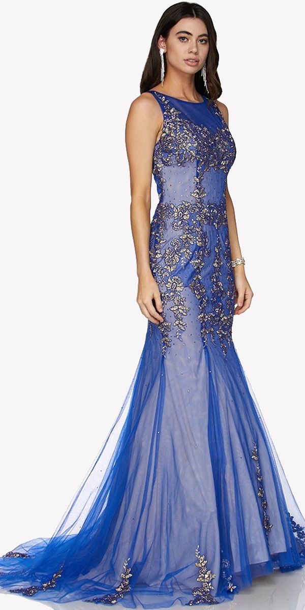 Royal Blue Sleeveless Appliqued Mermaid Evening Gown with Godets and Train