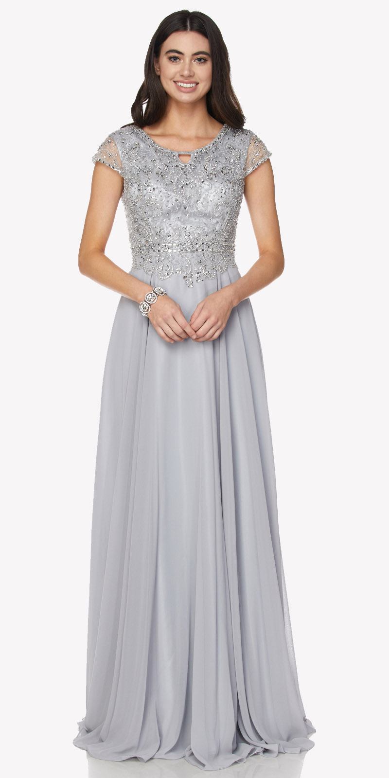Cap Sleeves Beaded Bodice A-line Long Formal Dress Silver