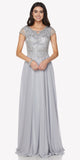 Cap Sleeves Beaded Bodice A-line Long Formal Dress Silver