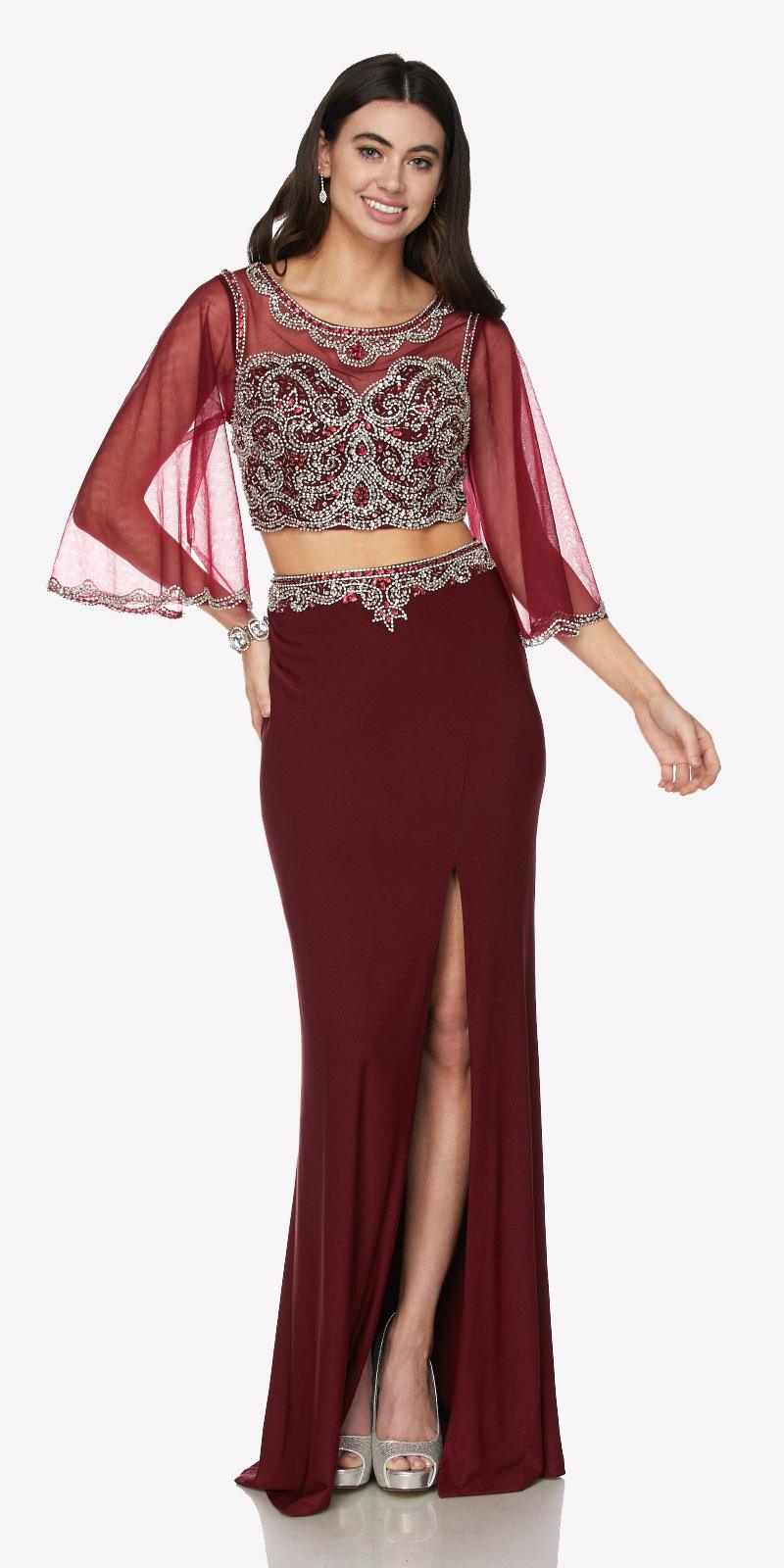 Two-Piece Long Prom Dress Illusion Mid-Length Sleeves with Slit Wine