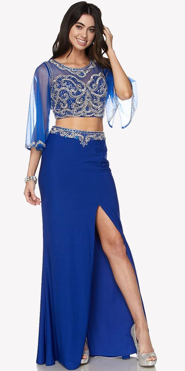Two-Piece Long Prom Dress Illusion Mid-Length Sleeves with Slit Royal Blue