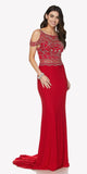 Red Cold Shoulder Evening Gown with V-Shape Open Back and Train