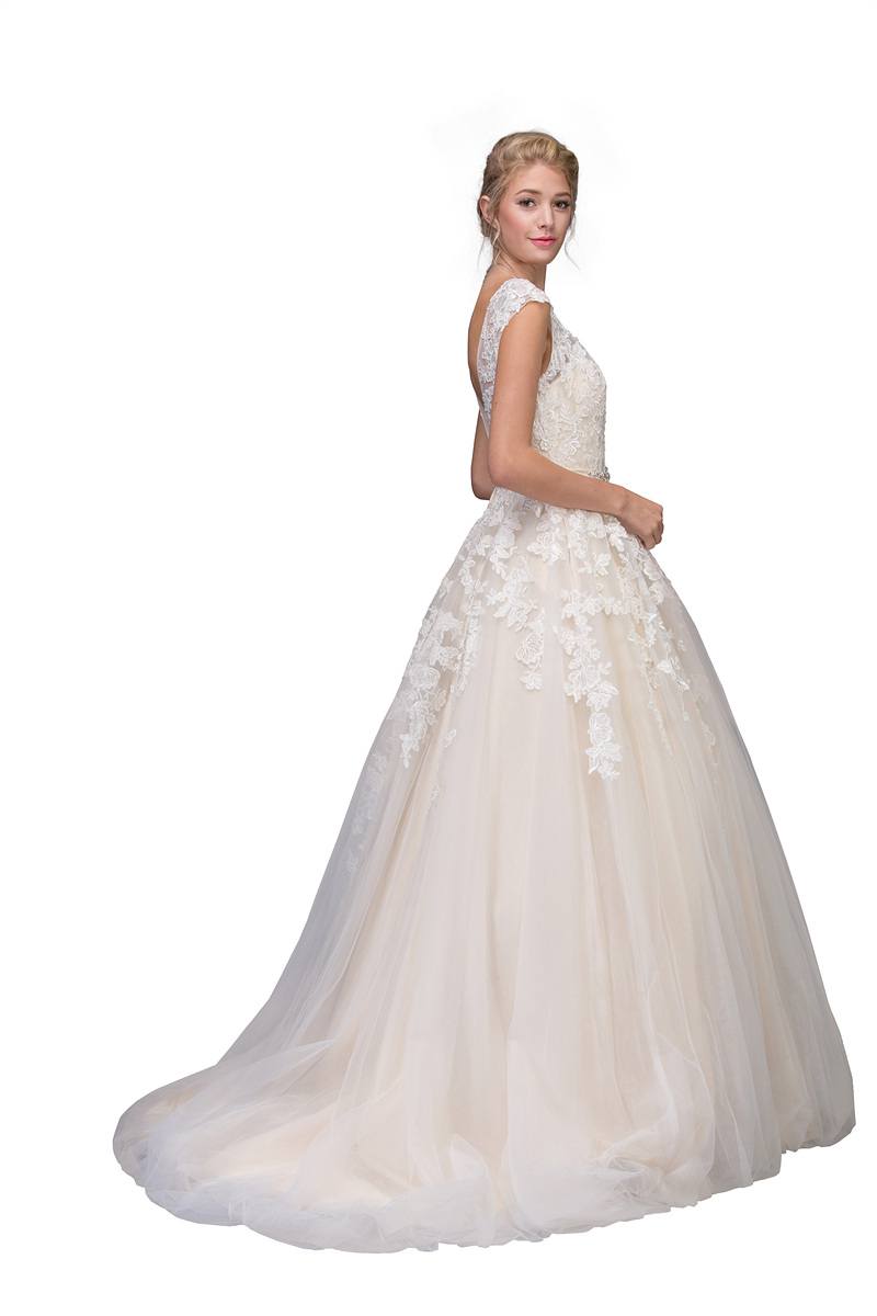 Cap Sleeved Wedding Gown Bateau Neck with Appliques Off White