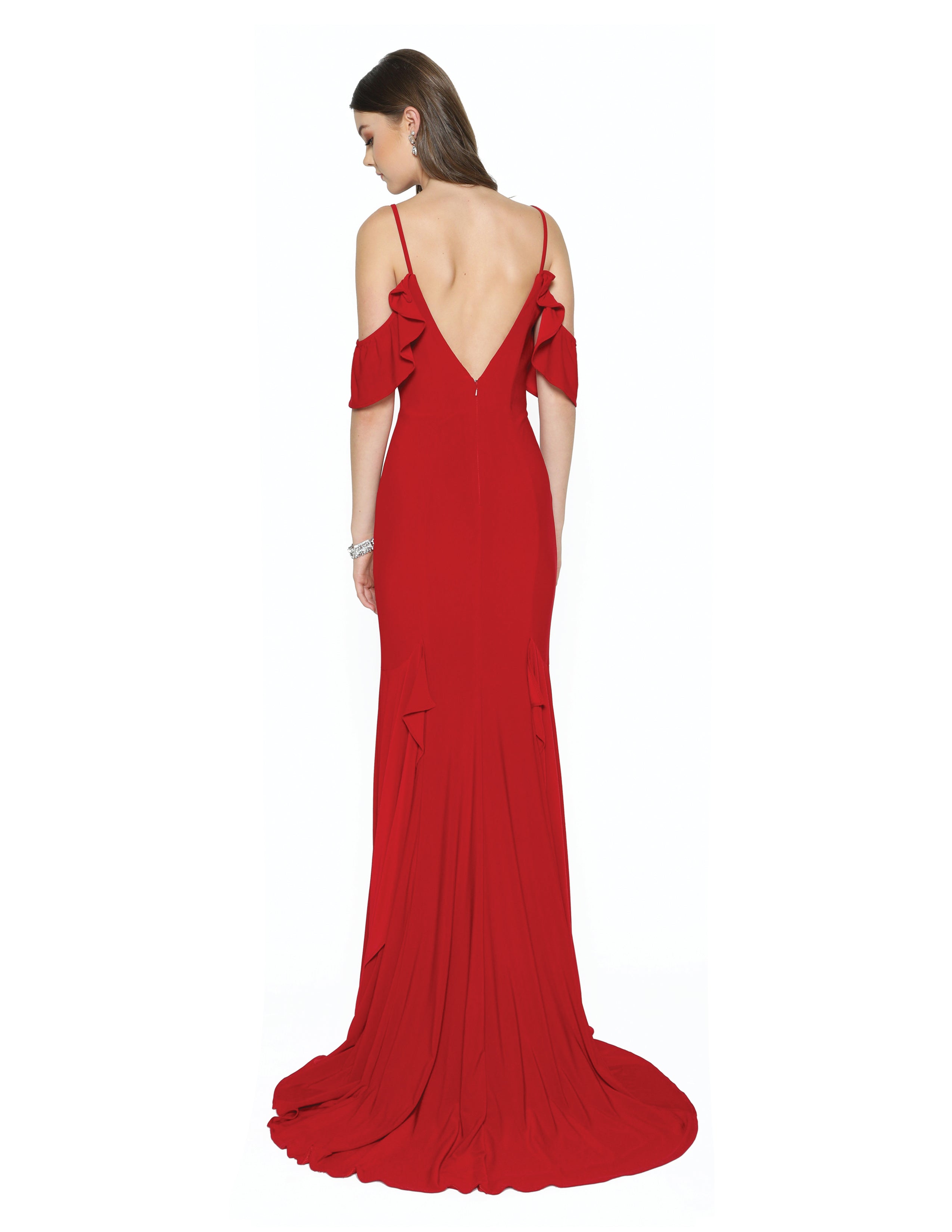 Red Mermaid Long Prom Dress Ruffled Cold-Shoulder
